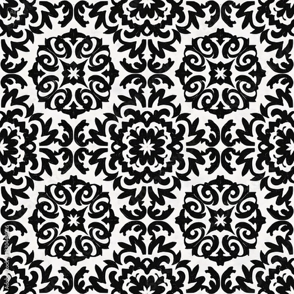 Fototapeta black and white painting, pattern of flowers  damask patternsuitable for textiles ceramic tiles and various designs
