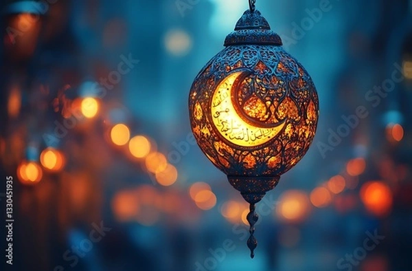 Fototapeta Ornate Lantern with Crescent Moon Design Glowing in a Softly Lit Background

