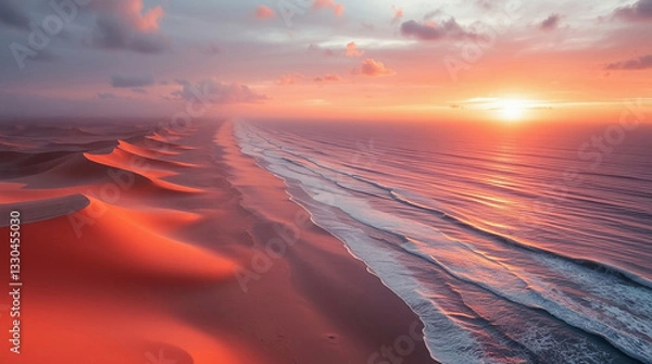 Obraz Desert dunes meet ocean at sunset. AI image