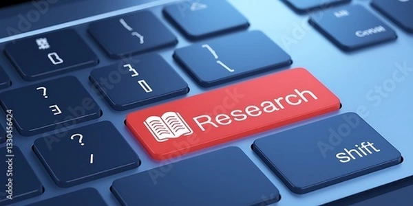 Fototapeta Close-Up of Computer Keyboard Featuring Bold Red "Research" Key. research, market research, academic research, business research, scientific research, research tools, data research, research analysis,