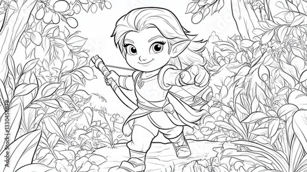 Fototapeta Elf Archer in Enchanted Forest - Cartoon Character Coloring Page for Kids