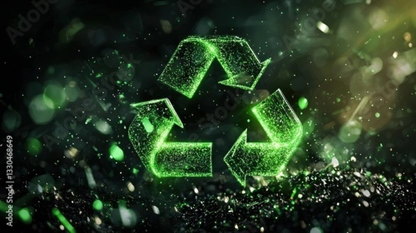 Fototapeta Glowing green recycling symbol illuminated by sparkling particles on a dark background