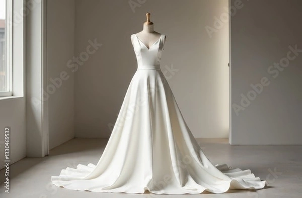 Fototapeta A simple, minimalist wedding dress with clean lines and a sleek silhouette, displayed against a modern backdrop 