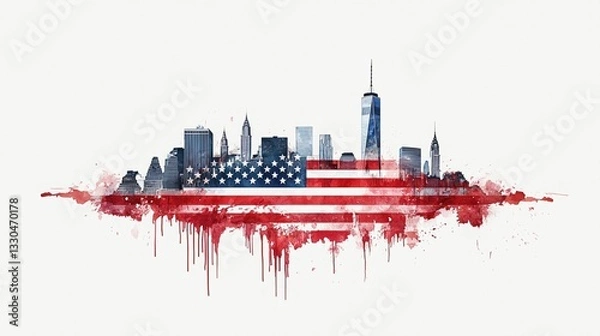 Obraz Watercolor skyline painting with American flag overlay symbolizing remembrance on Patriot Day