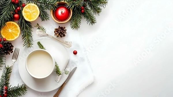 Fototapeta Christmas table setting on white background