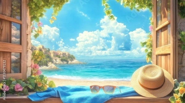 Fototapeta Coastal view from an open window,  sun-drenched beach scene