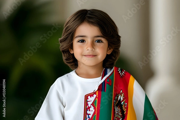 Fototapeta Smiling child draped in colorful flag