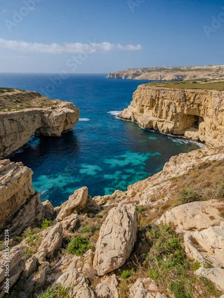 Fototapeta Rocky coast on a sunny day along Gozo Island, Malta.1