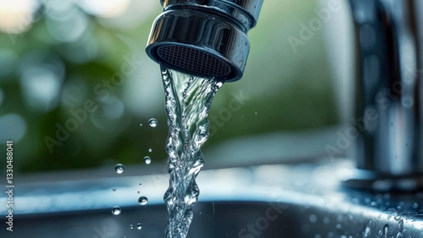 Obraz Water flows from a faucet into a stainless steel kitchen sink during daytime, reflecting natural light and creating a serene ambiance in a modern home