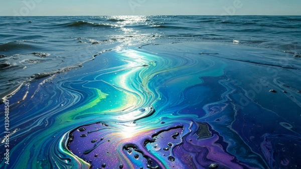 Obraz Colorful iridescent patterns reflect sunlight on the surface of a beach during a calm day by the sea, showcasing the beauty of nature and water