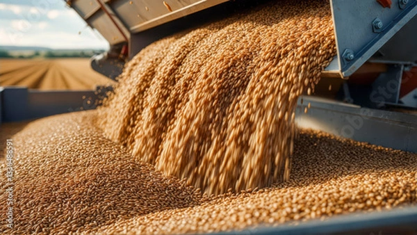 Obraz Golden wheat being harvested from a combine harvester in a vast agricultural field during sunny weather