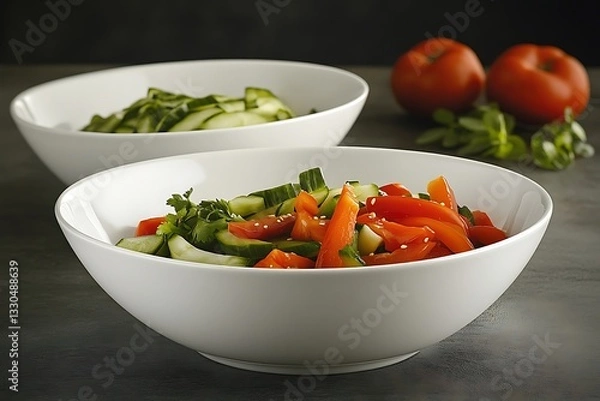 Fototapeta Fresh Cucumber And Red Pepper Salad In White Bowls
