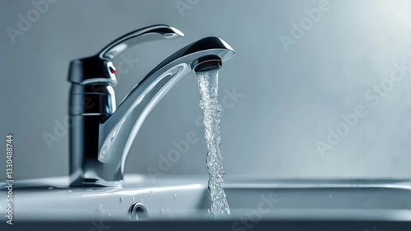 Obraz Water flows from a sleek modern faucet into a pristine kitchen sink under soft, ambient lighting, showcasing contemporary design and functionality
