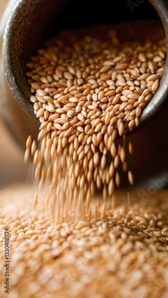 Obraz Sesame seeds pour out of a vintage container onto a wooden surface, capturing the essence of natural ingredients in a rustic setting
