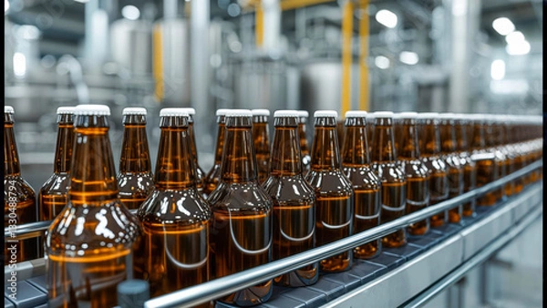 Fototapeta Bottling process in a brewery showcasing rows of amber bottles on a conveyor belt illuminated by industrial lighting