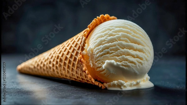 Obraz Creamy vanilla ice cream scoop nestled in a crispy waffle cone on a dark background capturing the essence of a delightful summer treat