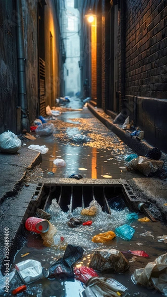 Obraz Alleyway in a city after rain showcasing a flooded drain with scattered trash and debris