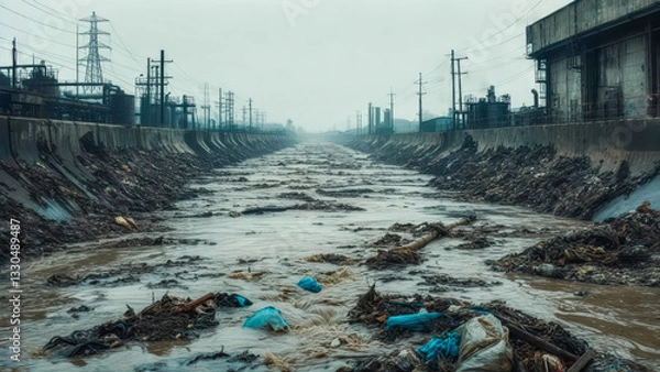 Obraz Widespread pollution fills the waterway with debris and waste in an industrial area during overcast weather