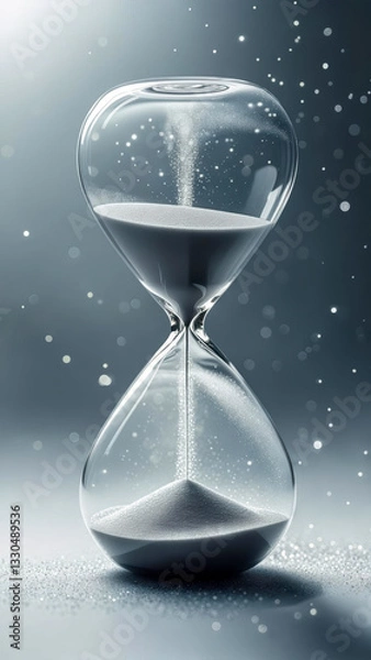 Fototapeta Elegant hourglass symbolizing the passage of time with flowing sand, creating a serene and reflective atmosphere against a soft background