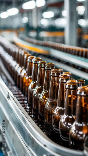 Obraz Bottles moving along a conveyor belt in a brewery during the production process in early morning light