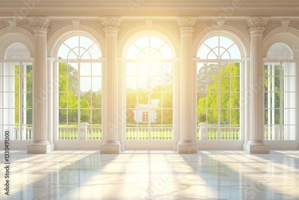 Fototapeta Sunlight illuminates white grand hall through large windows in palace or castle, surrounded by lush greenery