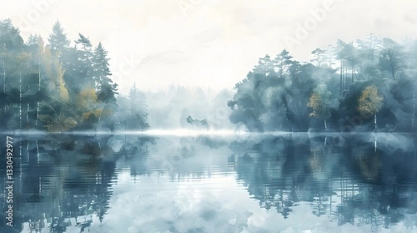 Fototapeta A serene watercolor scene of a misty lake surrounded by forest, nature background