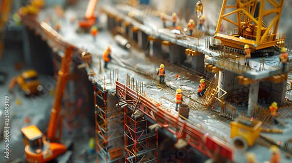 Fototapeta A miniature-style construction scene with workers and equipment captured in a detailed aerial view