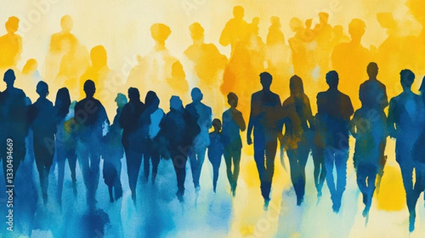 Obraz Silhouettes of people in blue with yellow shadows. Abstract illustration for Down's Day
