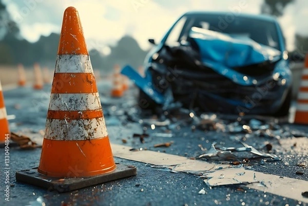 Fototapeta Crashed car accident scene with shattered blue vehicle, broken glass, debris, and damaged orange traffic cones in the foreground. Ideal for safety training or project illustrations.