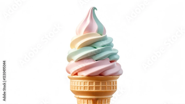 Obraz Colorful swirl soft serve ice cream in a classic cone against a white background, ideal for summer treats or dessert cravings