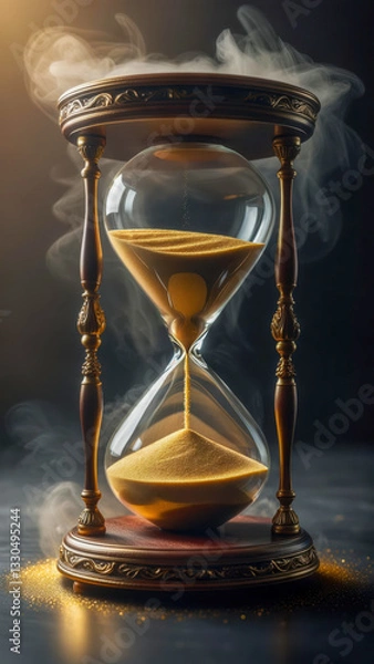 Obraz Elegant hourglass with flowing sand in a serene atmosphere, capturing the essence of time and permanence during a dimly lit moment of reflection