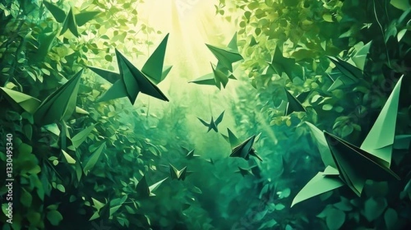 Fototapeta Paper origami birds float in the vibrant green forest light