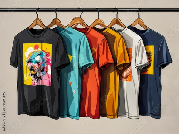 Obraz Colorful collection of graphic t-shirts displayed on hangers in a retail setting showcasing unique designs for fashion enthusiasts
