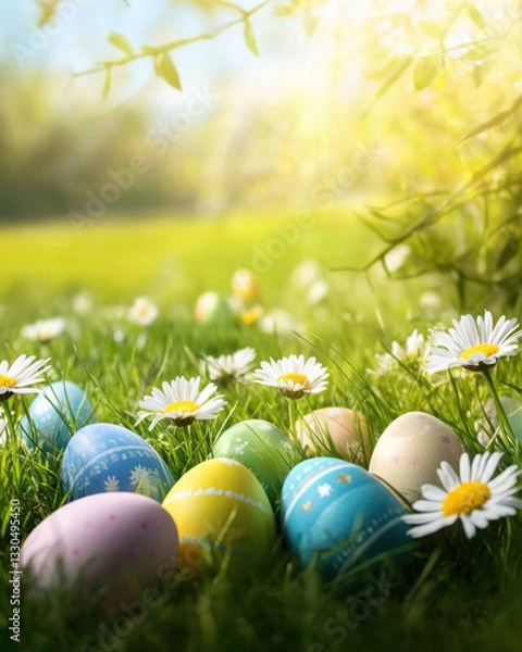 Obraz Art decorated easter eggs in the grass with daisies 
