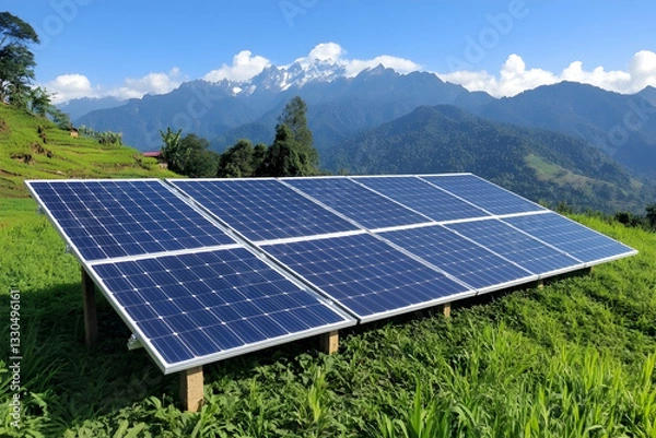 Obraz Solar panels installed on a hillside with mountains in the background