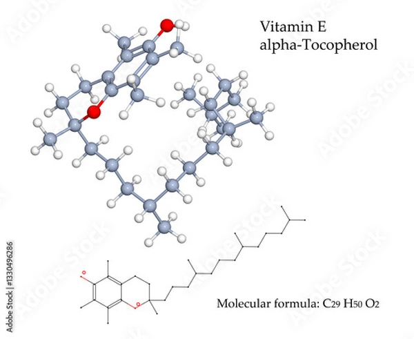 Obraz Vitamin E alpha-Tocopherol, powerful antioxidant. 3d illustration on transparent background of molecule and chemical formula. Food sources: vegetable oils, nuts, seeds and fortified breakfast cereals