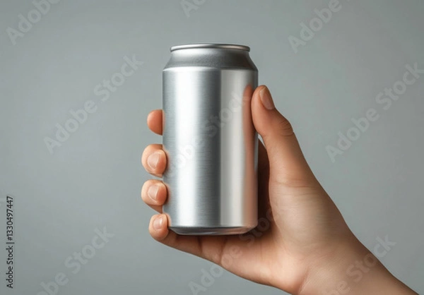 Fototapeta Man holding aluminum can with beverage on grey background, closeup. Space for design 
