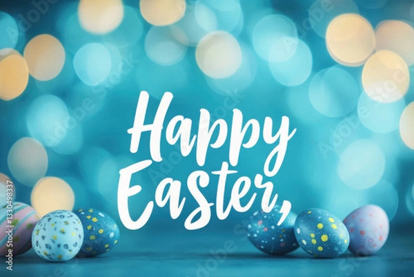 Obraz Happy Easter Calligraphy Text Over Blue Bokeh Lights Background 
