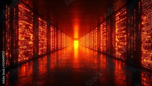 Fototapeta Fiery Data Center Corridor Glow
