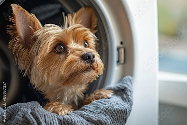 Obraz A curious little dog peeking out from a washing machine, adding a touch of playful charm to everyday moments. The dog, with its adorable appearance.