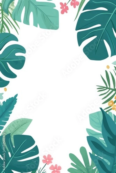 Obraz Tropical Leaves and Flowers Frame: A vibrant illustration featuring lush greenery and delicate blossoms, perfect for summer designs or invitations.