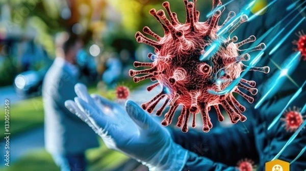 Fototapeta Gloved hands reaching for covid-19 virus outdoors with blurred people and trees