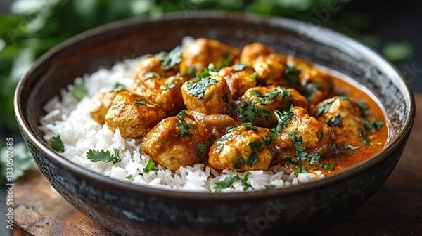 Fototapeta Delicious chicken curry served over fluffy rice garnished with fresh herbs in a rustic bowl