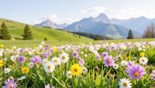 Fototapeta Beautiful wildflower meadow with mountains in the background under a bright blue sky