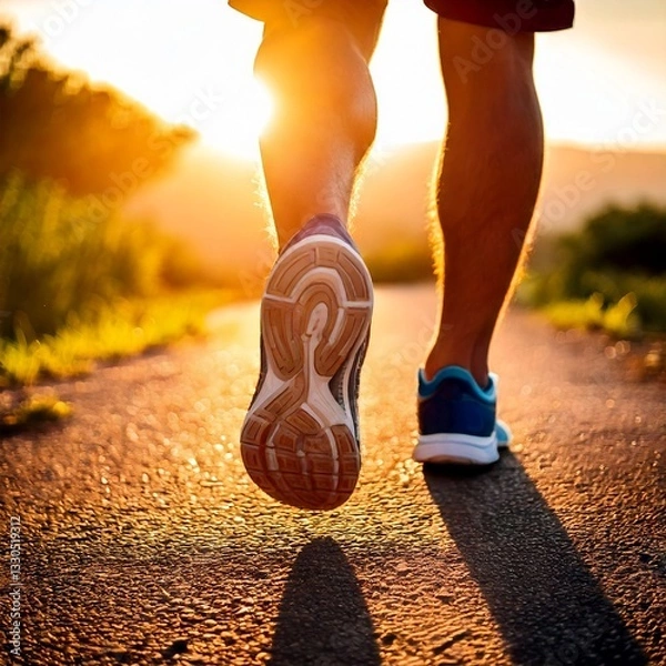 Obraz Closeup auf Füße eines Joggers, der auf einem Pfad in Richtung der tiefstehenden Sonne läuft.