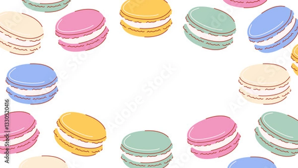 Fototapeta Macarons background with space for text in the middle. Hand drawn colorful vector flat illustration, macaroons frame or pattern with different flavors. Isolated backdrop. For poster, banner, design