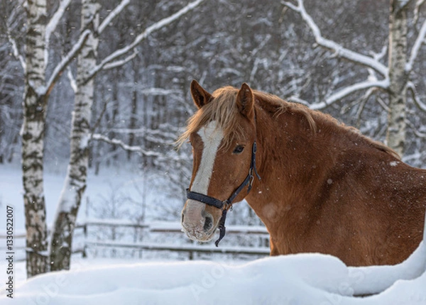 Obraz Beautiful brown horse on a snowy day.
