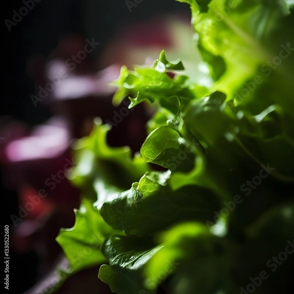 Fototapeta Fresh salad with tomatoes, green leaves of lettuce and rukola. Macro close up with selective focus.