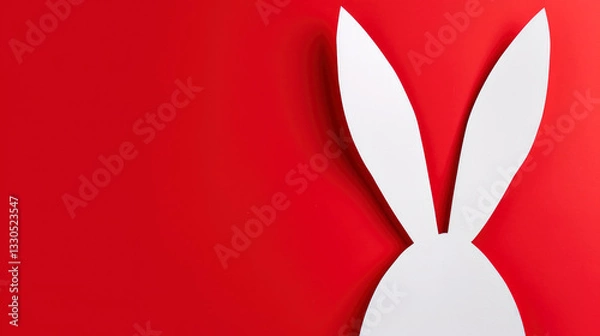 Fototapeta Happy Easter greeting card with head and white paper cut Easter Bunny Ears isolated on a red background, illustration, Generative Ai