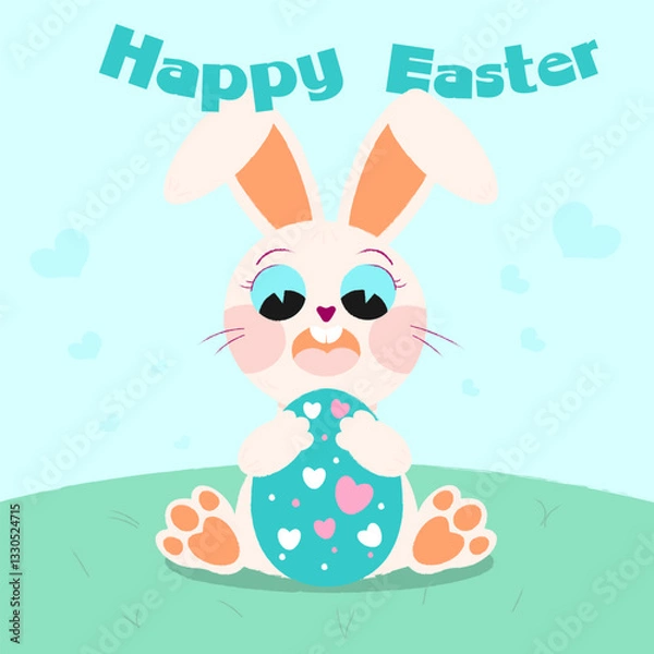 Fototapeta Easter bunny hugging egg, vector greeting card